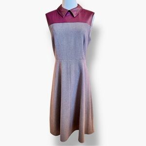 BCBGMaxAzria Burgundy Leather & Brown Herringbone Plaid Wool Midi Dress